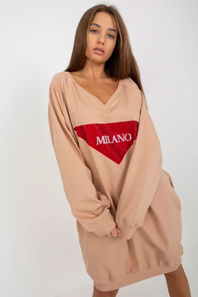 Dámská béžová oversized mikina s kamínky Fashionhunters