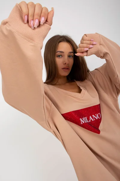 Dámská béžová oversized mikina s kamínky Fashionhunters