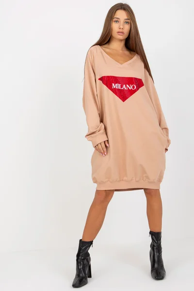 Dámská béžová oversized mikina s kamínky Fashionhunters