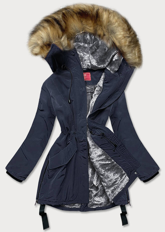 Modrá bunda na zimu s kožešinovou kapucí a vysokým stojáčkem pro ženy, odcienie niebieskiego XXL (44) i392_18552-48