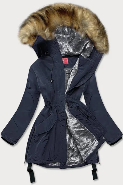 Modrá bunda na zimu s kožešinovou kapucí a vysokým stojáčkem pro ženy