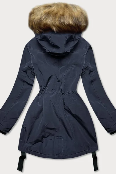 Modrá bunda na zimu s kožešinovou kapucí a vysokým stojáčkem pro ženy