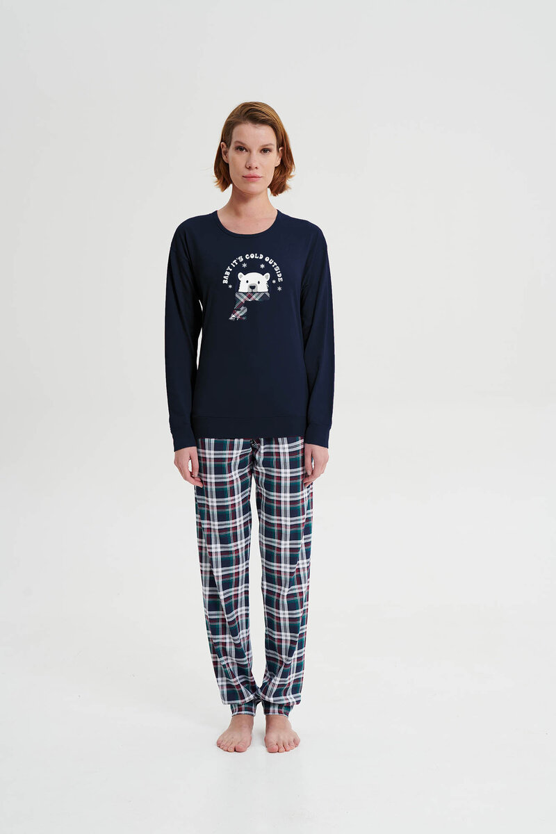 Kulatý výstřih - Dámské bavlněné pyžamo s dlouhým rukávem, blue M i512_19707_180_3