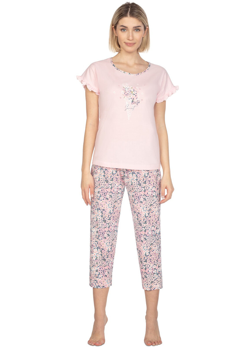 Krátké pyžamo pro ženy Regina s volánem a vzorem, Růžová XL i384_61678640