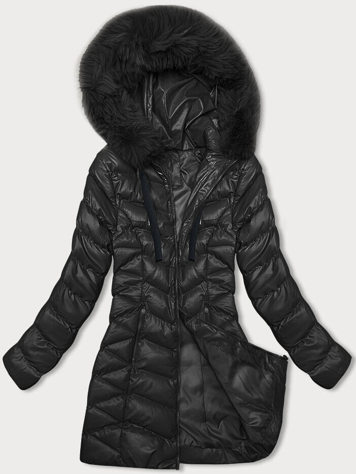 Zimní bunda s kapucí a kožešinou pro ženy - Černá Příšerně Stylová, odcienie czerni M (38) i392_22648-47