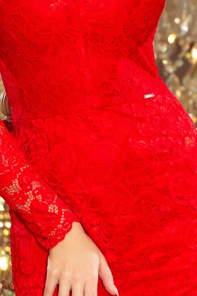 Červené dámské krajkové šaty s výstřihem a dlouhými rukávy 6 model 94889