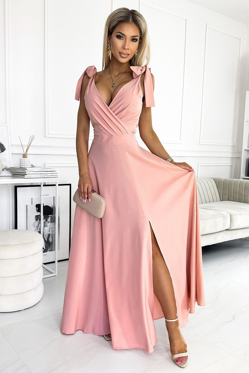 Růžové večerní šaty s rozparkem a mašlí na ramenou od numoco, s i240_177063_2:S