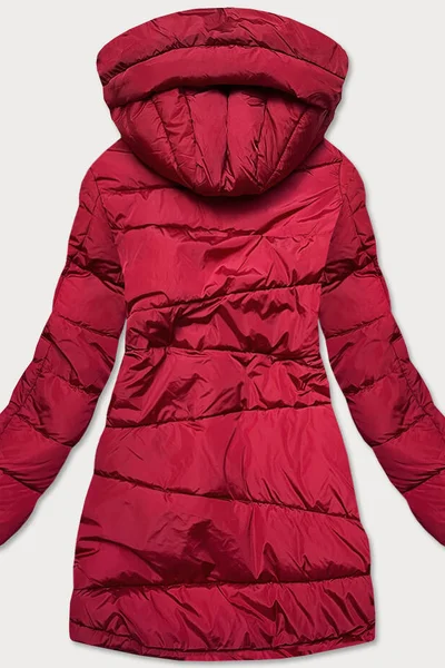 Červená bunda na zimu s kožešinovou podšívkou a kapucí pro ženy