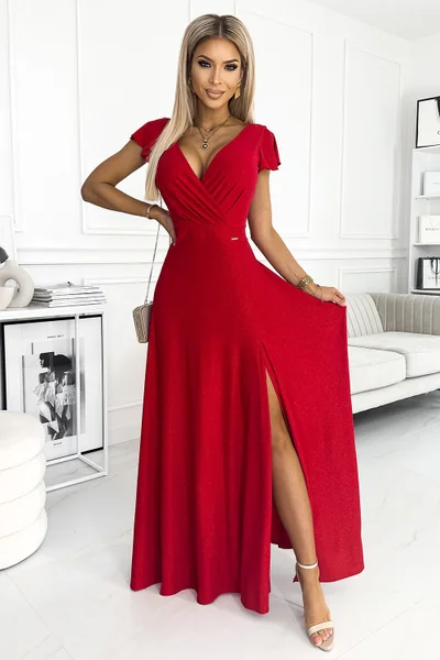 Červené třpytivé večerní šaty s obálkovým výstřihem od Numoco