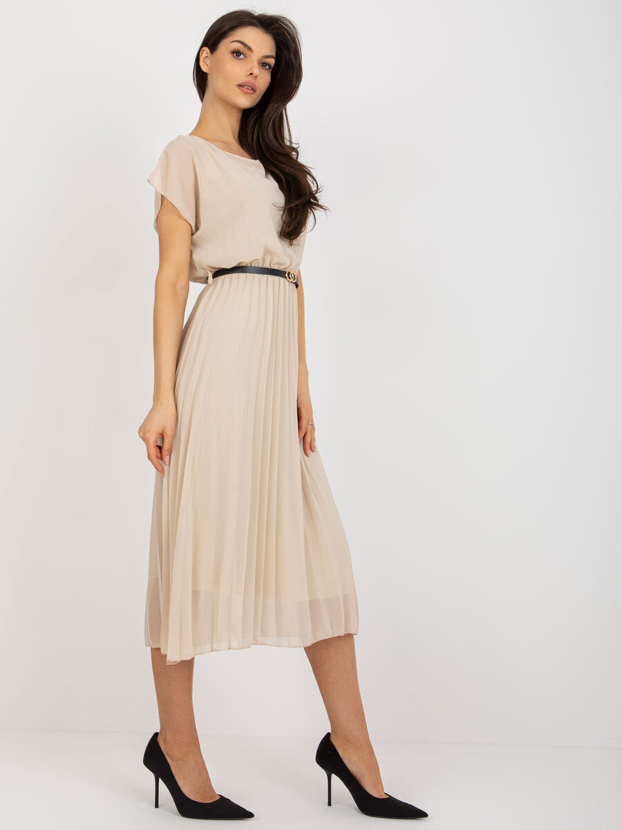 Rozšířené béžové dámské šaty s páskem - Elegantní letní model DHJ SK, jedna velikost i523_2016103397112
