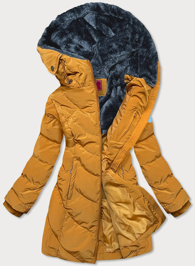 Zimní bunda s kapucí a kožešinou pro ženy - Slunečná záře LHD, odcienie żółtego M (38) i392_18579-47