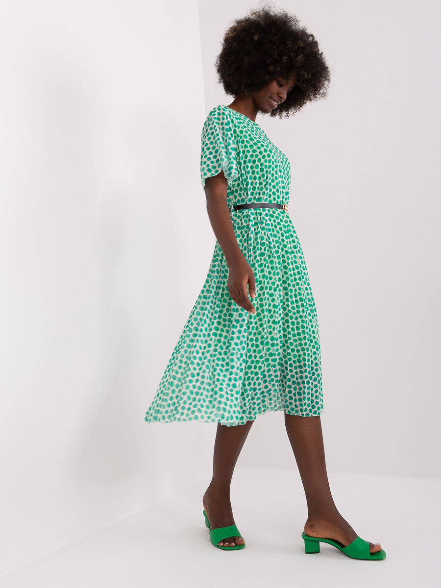 Zeleno-bílé midi šaty s potiskem a páskem - Letní návrh FPrice, jedna velikost i523_2016103443291