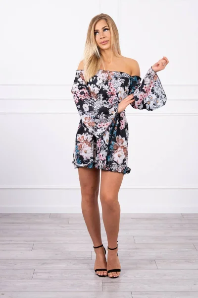 Dámské květinové šaty off-shoulder černé K-Fashion