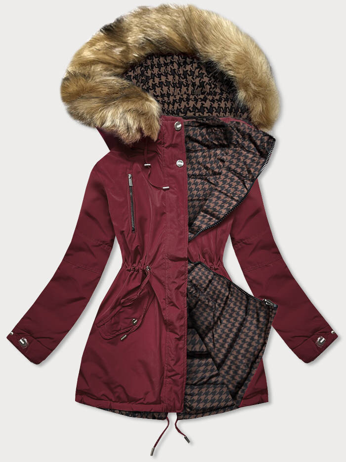 Zimní 2v1 bunda s odnímatelnou kapucí a kožešinou pro ženy, odcienie czerwieni 46 i392_18602-R
