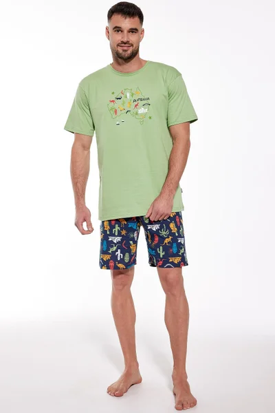 Zelené pyžamo pro muže Cornette Australia - pohodlná bavlna - tričko s krátkým rukávem a vzorované š