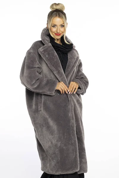 Šedý plyšový oversized kabát s límcem Ann Gissy