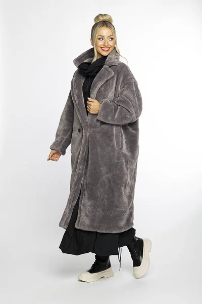 Šedý plyšový oversized kabát s límcem Ann Gissy