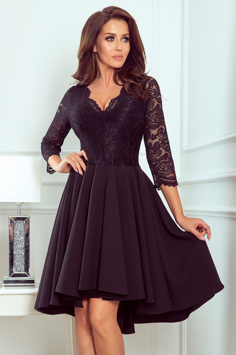 NICOLLE - Černé dámské šaty s delším zadním dílem a s krajkovým výstřihem 10 model 21766, XL i367_1354_XL