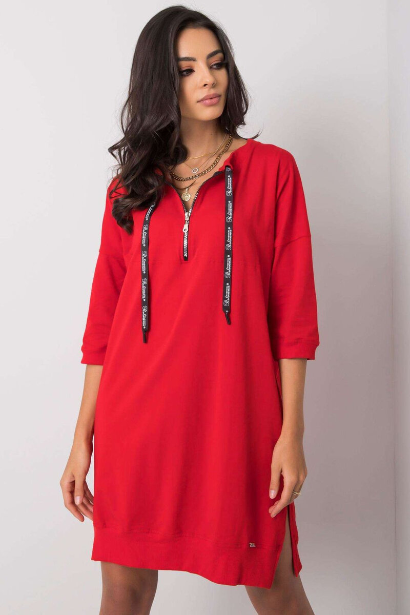 Červené bavlněné šaty s 3/4 rukávy a zipem, S/M i240_159827_2:S/M