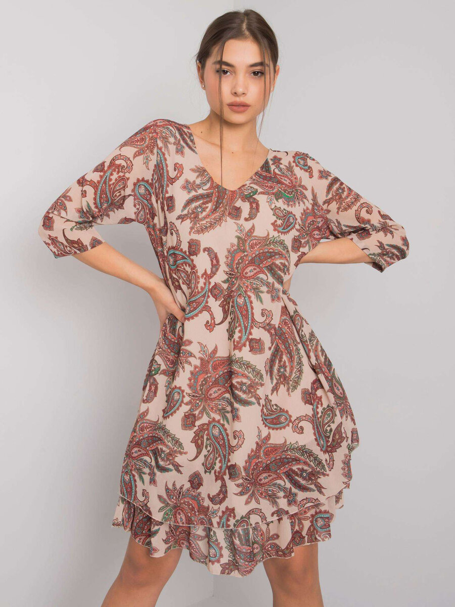 OCH BELLA Béžové vzorované dámské šaty FPrice, jedna velikost i523_2016103062812