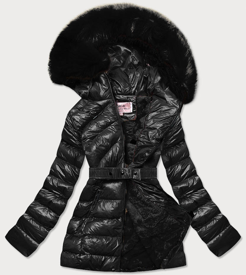 Černá bunda na zimu s mechovitou kožešinou a kapucí MHM, odcienie czerni XXL (44) i392_18654-48