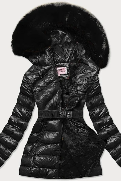 Černá bunda na zimu s mechovitou kožešinou a kapucí MHM