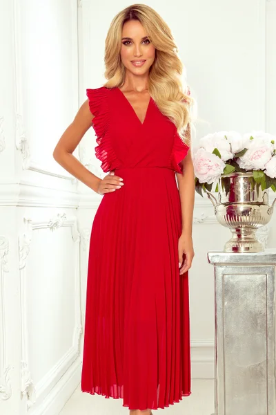 EMILY - Červené dámské plisované šaty s volánky a výstřihem I86635 Numoco