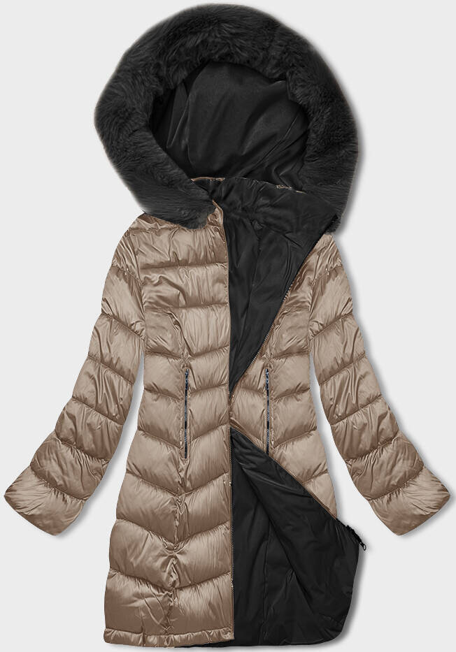 Zimní bunda s kapucí a odnímatelnou kožešinou - Béžová SWEST, odcienie beżu S (36) i392_22805-46