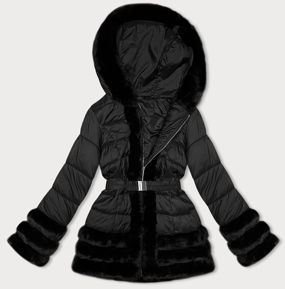 Černá prošívaná bunda s kožešinou a kapucí pro ženy J.Style, odcienie czerni M (38) i392_23026-47
