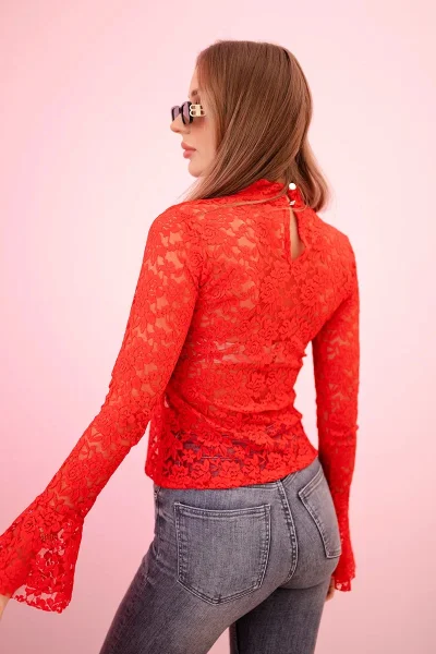 Dámská červená krajková halenka s dlouhým rukávem K-Fashion