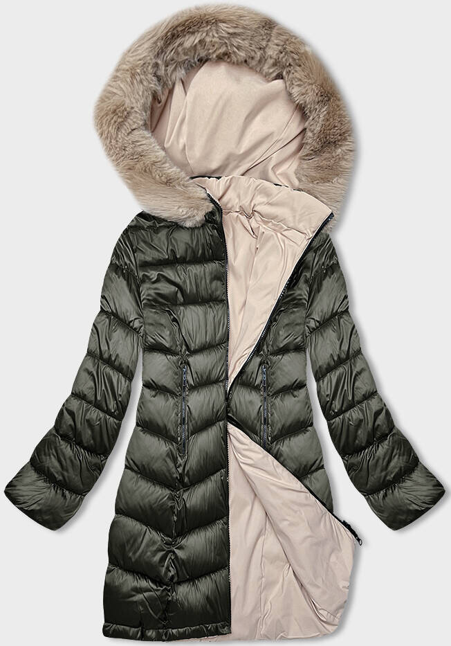 Zimní bunda s kapucí a odnímatelnou kožešinou - Khaki-béžová SWEST, odcienie zieleni S (36) i392_22807-46