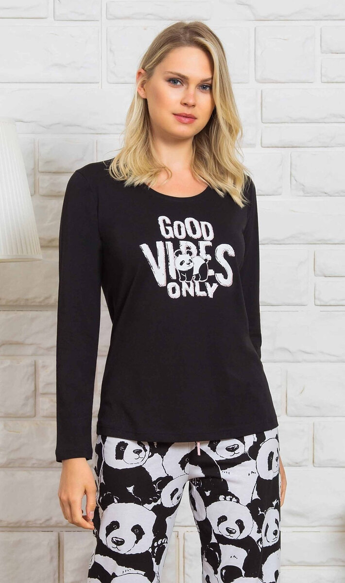 Pyžamo pro ženy dlouhé Good vibes Vienetta Secret, černá XL i232_7874_55455957:černá XL