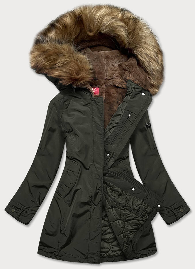 Zimní parka bunda s kožíškem a kapucí v khaki barvě, odcienie zieleni S (36) i392_18767-46
