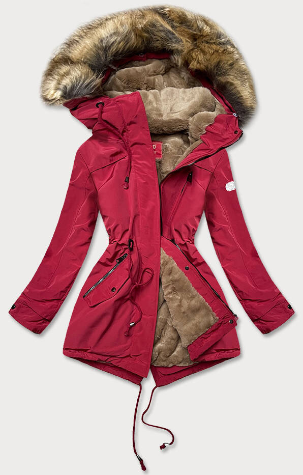 Zimní parka s kožešinovou kapucí pro ženy - Červená LHD, odcienie czerwieni XXL (44) i392_18776-48