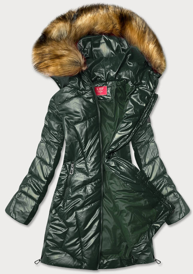 Zimní lesklá zelená bunda s kapucí a kožešinou LHD, odcienie zieleni S (36) i392_18778-46