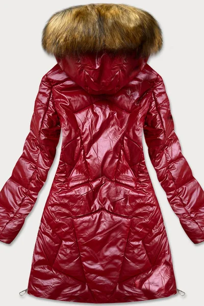 Zimní lesklá červená bunda s kapucí a kožešinou pro ženy