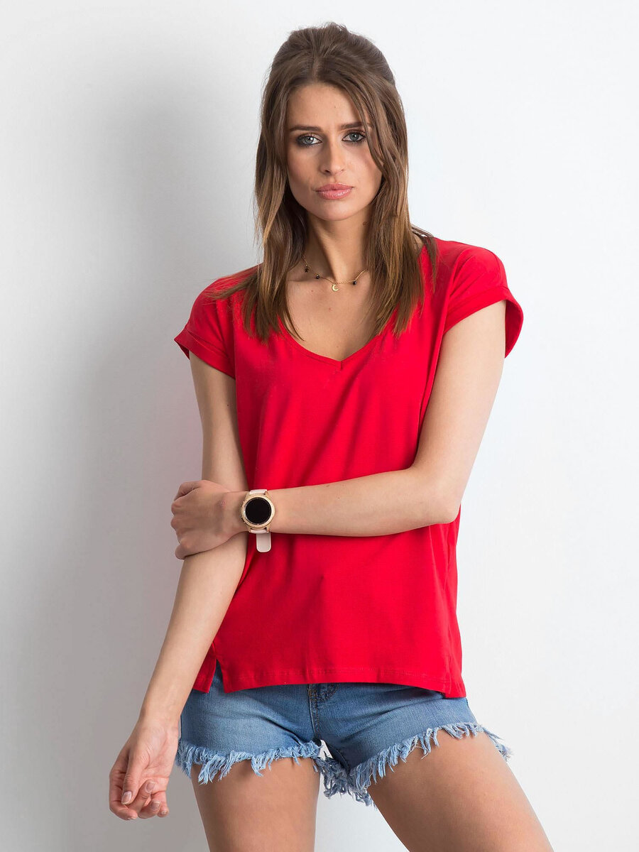 Dámské červené bavlněné tričko s výstřihem do V FPrice, XS i523_2016102133520