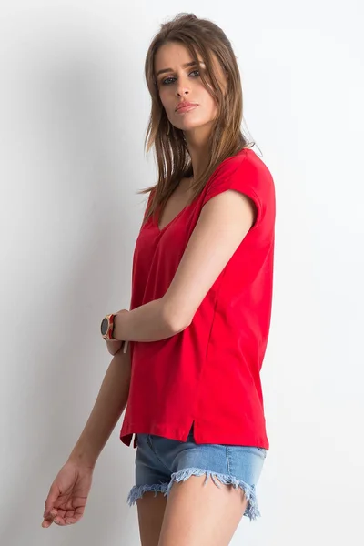 Dámské červené bavlněné tričko s výstřihem do V FPrice