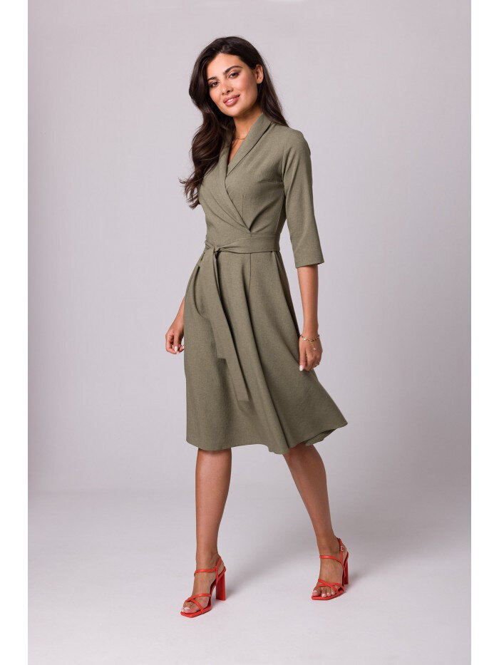 Olivové zavinovací šaty s šálovým límcem pro ženy - BE, EU S i529_5812143056393130277