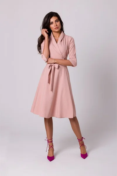 Růžové šaty s límcem a překládaným výstřihem pro dámy - BE