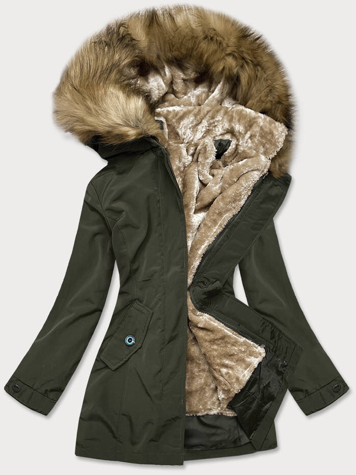 Zimní bunda s kožešinovou kapucí v army stylu, odcienie zieleni XXL (44) i392_18784-48