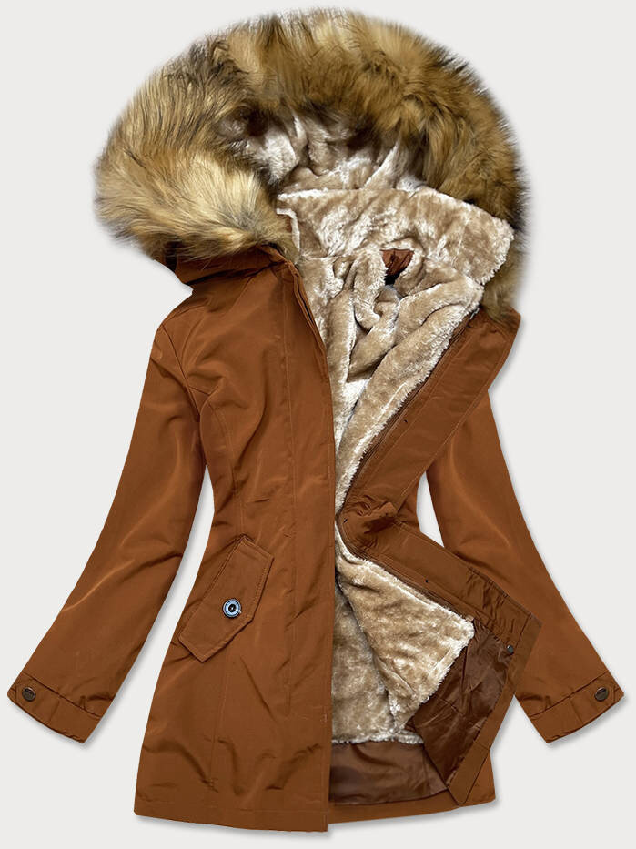 Karamelová bunda na zimu s kožešinovou podšívkou a kapucí LHD, odcienie brązu M (38) i392_18786-47