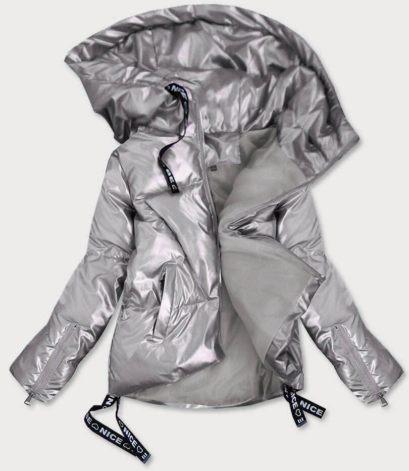 Stříbrná asymetrická bunda s kapucí pro ženy z Itálie, odcienie szarości L (40) i392_18807-49