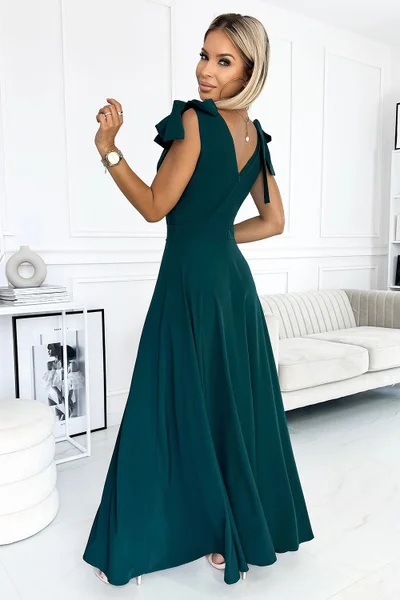 Zelené šaty ELENA - Numoco - dlouhé s mašličkami a řasením