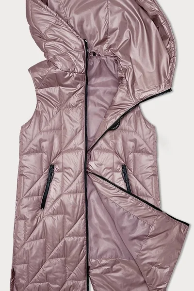 Růžová péřová vesta s asymetrickým střihem a kapucí
