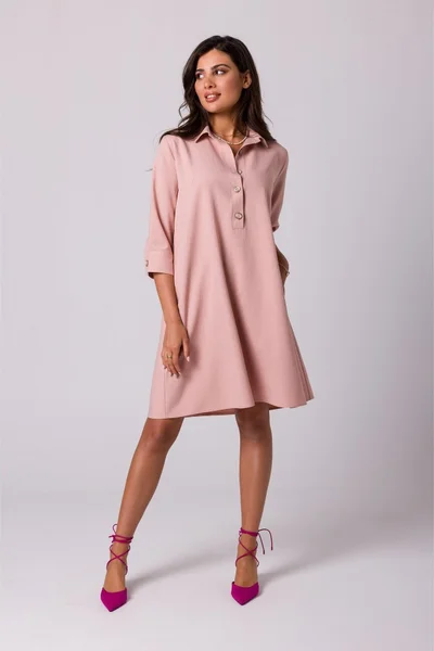 Růžové košilové šaty s rozšířeným střihem - BEwear