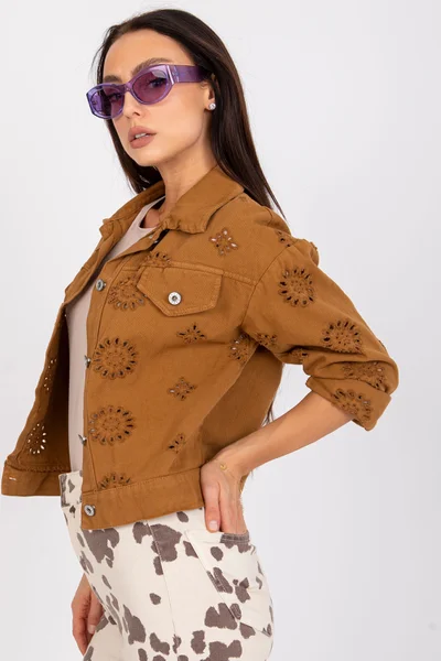 Krátká camel bunda denim pro ženy - Fashionhunters