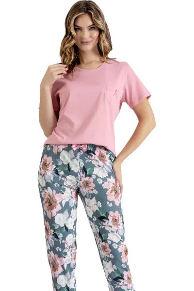 Růžové pyžamo pro ženy z ušlechtilé bavlny s krátkými rukávy a vzorovanými kalhotami