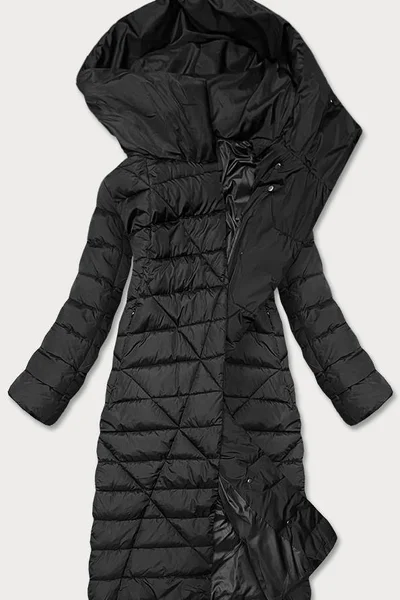 Černá bunda na zimu s kapucí a páskem pro ženy - POLÁRNA NOČNÍ