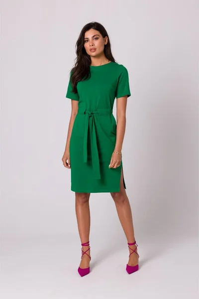 Zelené bavlněné šaty s kapsami a páskem BE